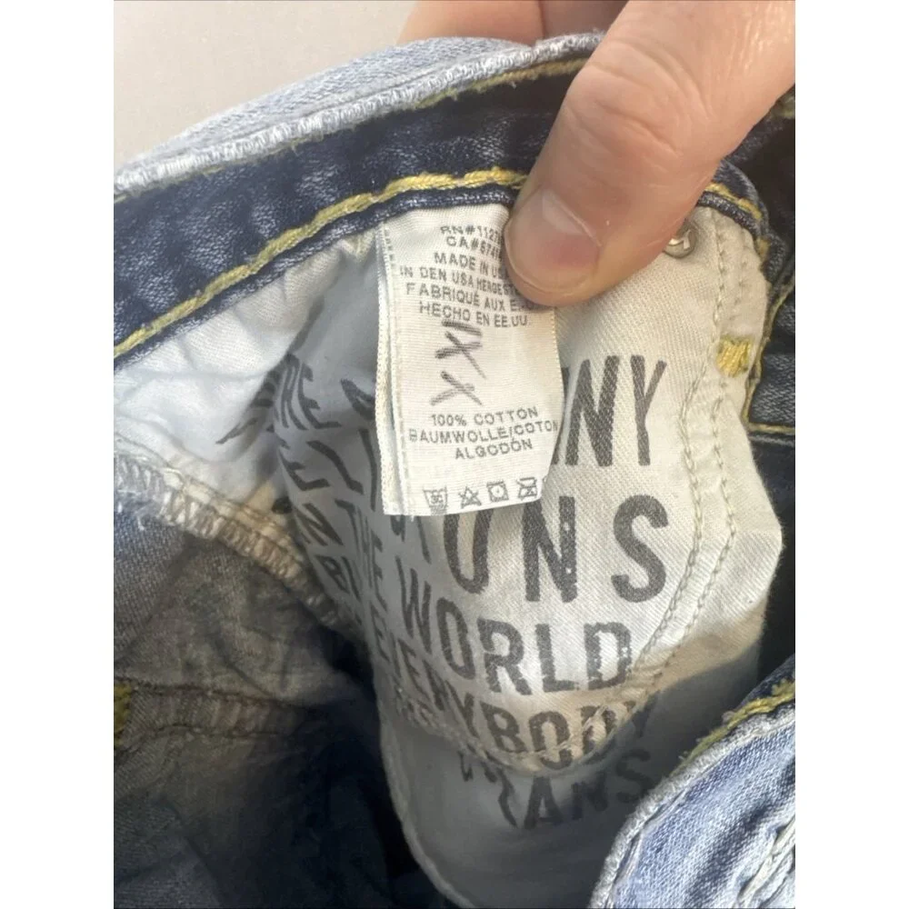 True Religion Ricky Jeans 33x31 Distressed Blue Denim Flap USA‎ Yellow Stitch